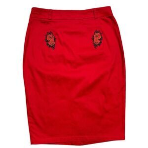Ladies Royal Monk Vintage Inspired Rose Embroidered‎ Red Pencil Skirt Size Large